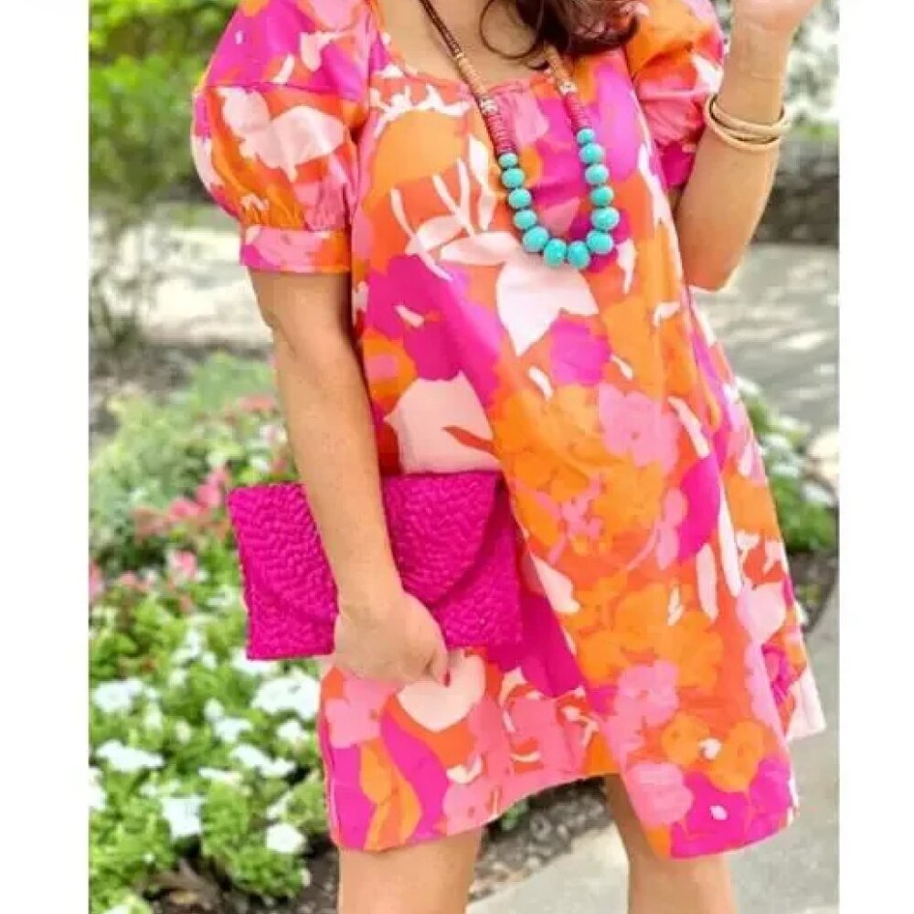 Free Assembly Floral Dress Orange Pink Puff Sleeve Loose Fit Size Small